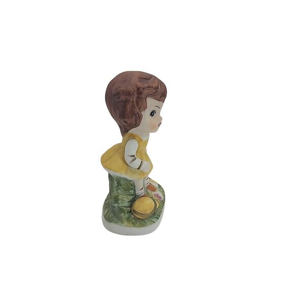 Vintage Ceramic Little Girl w/Brown Hair & Turtle Figurine Korea Hand Painted 4" - Picture 5 of 8